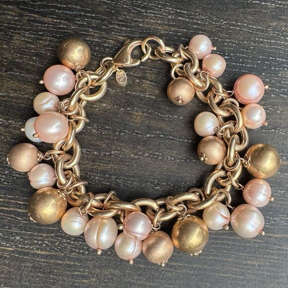 Vintage Honora Bronze Pink Freshwater Cultured Pearl Charm Bracelet 7.5” Italy - Picture 1 of 15